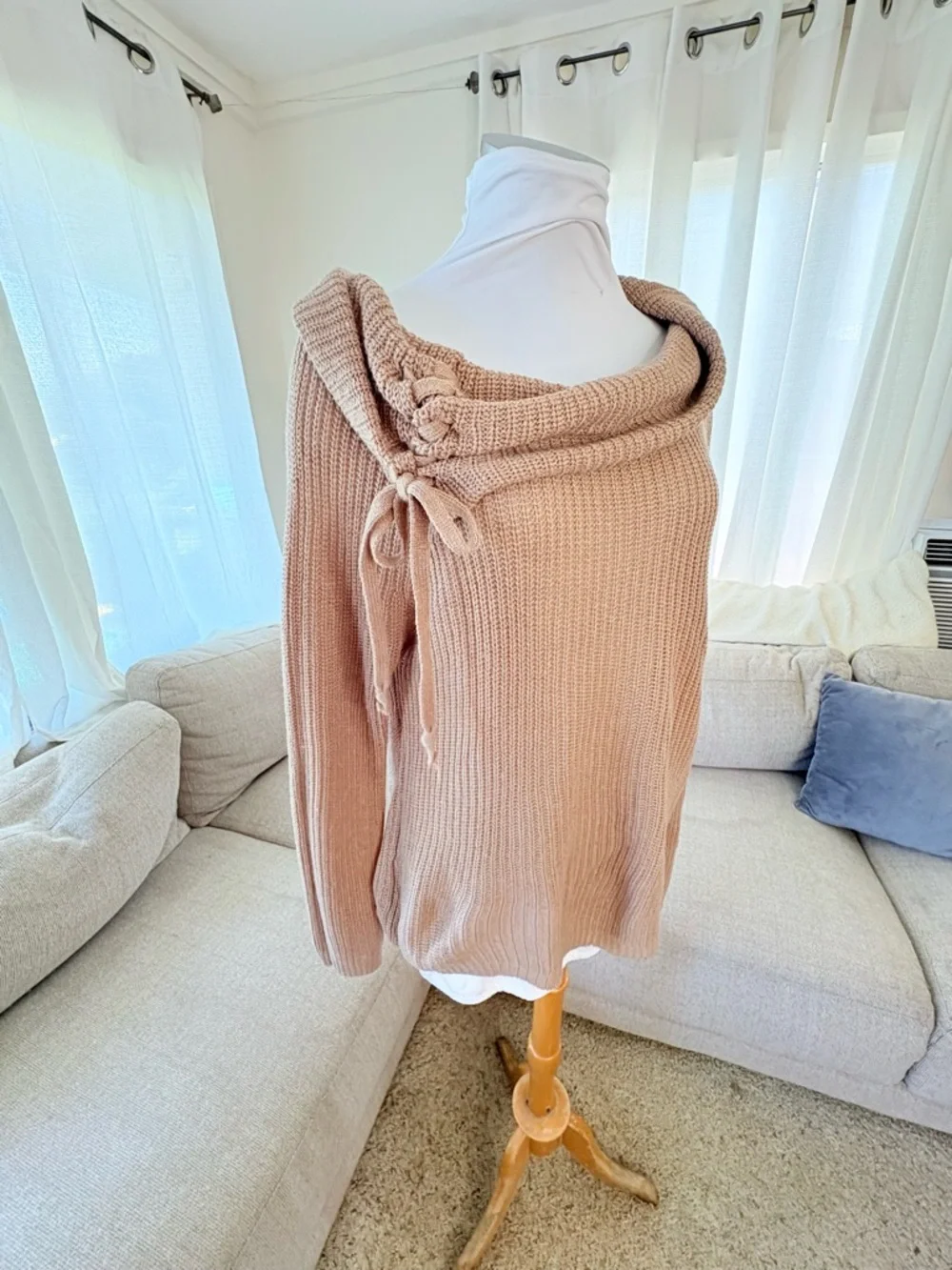 6for$20❤️itemAmbiance Asymmetrical Cowl Tie Sweater - Tan